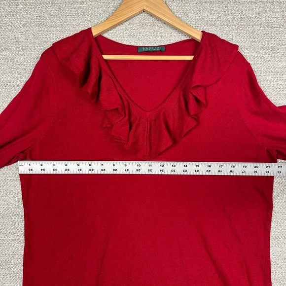 Lauren Ralph Lauren Sz L Sweater Red Ruffle V-Neck Long Sleeve Valentine Cottage - Picture 5 of 9